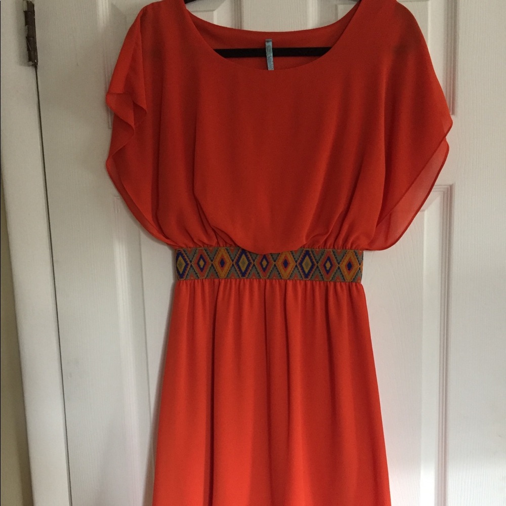 Francesca’s high-low orange aztec band dress